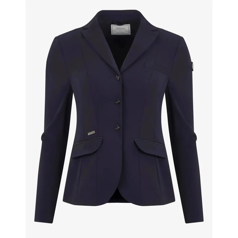Navy blue lemieux dynamique women’s equestrian blazer with three buttons flap pockets and sports mesh lining for breathability