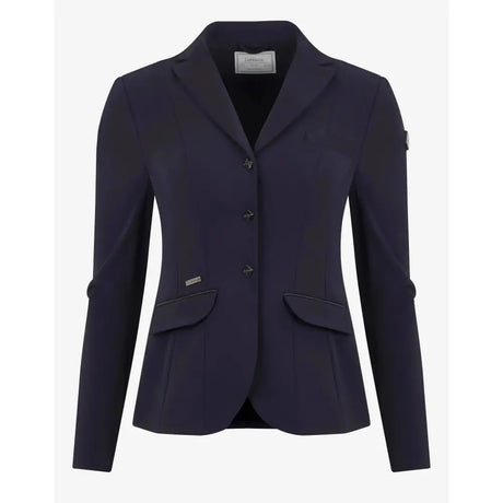 Navy blue lemieux dynamique women’s equestrian blazer with three buttons flap pockets and sports mesh lining for breathability
