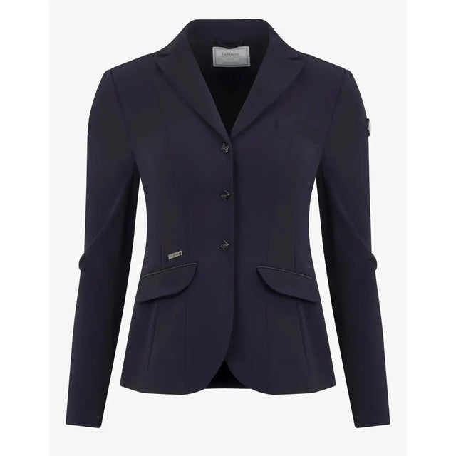 Navy blue lemieux dynamique women’s equestrian blazer with three buttons flap pockets and sports mesh lining for breathability