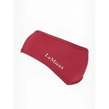 Red lemieux ear warmer headband ember with white embroidered branding made of super soft micro-fleece