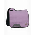Lavender quilted lemieux earth dressage square thistle saddle pad with black edges and gray earth branding panel