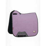 Lavender quilted lemieux earth dressage square thistle saddle pad with black edges and gray earth branding panel