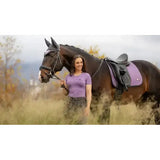 Purple quilted lemieux earth dressage square thistle saddle pad with black trim and white logo for dressage use