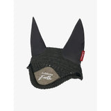 Black lemieux earth fly hood moss with knitted fabric body and padded ears for equestrian use