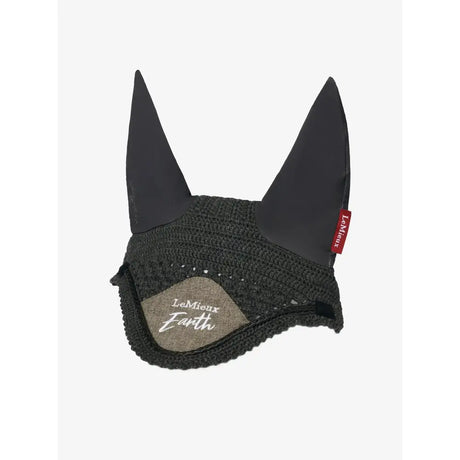Black lemieux earth fly hood moss with knitted fabric body and padded ears for equestrian use
