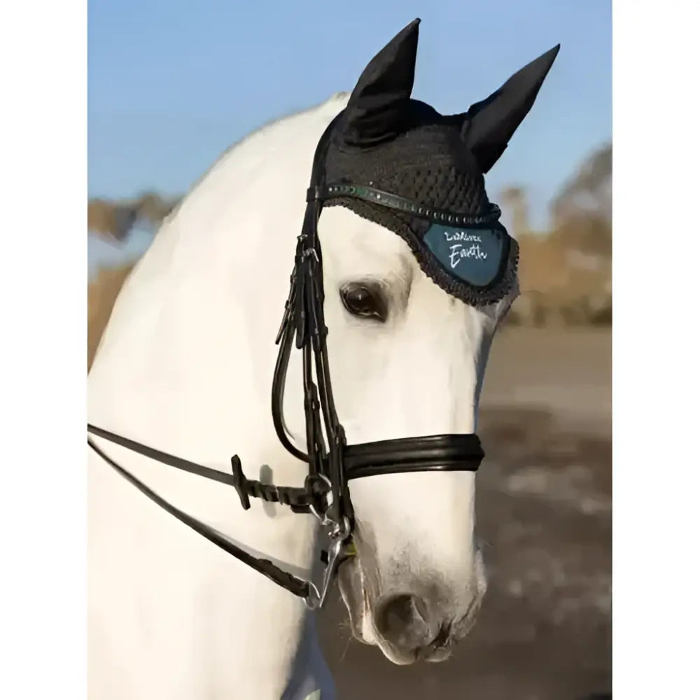 Black mesh lemieux earth fly hood with subtle embroidered logo on the side perfect for fly protection