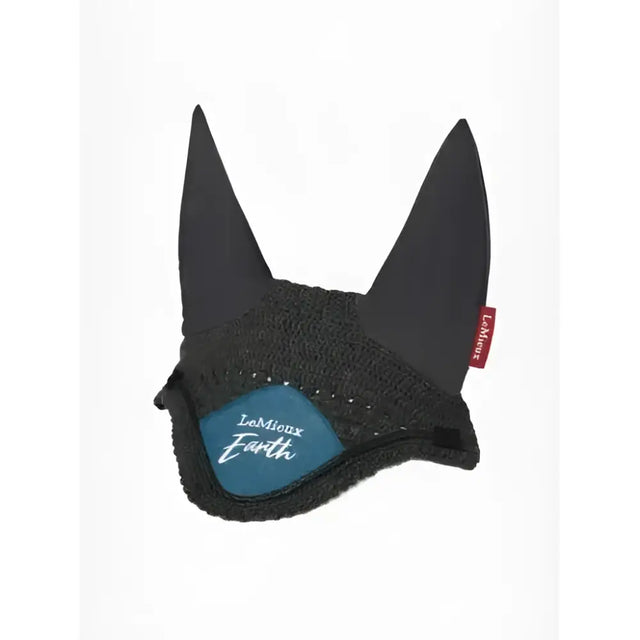 Black knitted lemieux earth fly earring cover with teal embroidered logo and red brand tag for earth fly hood ocean