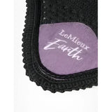 Purple embroidered lemieux earth fly patch on black crocheted fabric border from consciously crafted earth fly hood