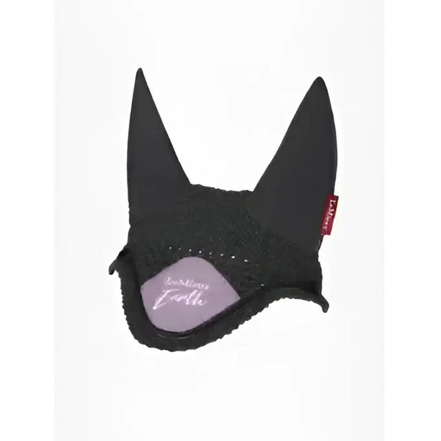 Black knitted lemieux earth fly hood with pointed tips and purple love my earth patch made from recycled plastic bottles