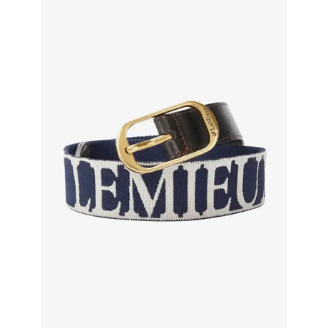 Navy blue and white woven lemieux eddie elasticated belt with gold tone buckle and premium lettering