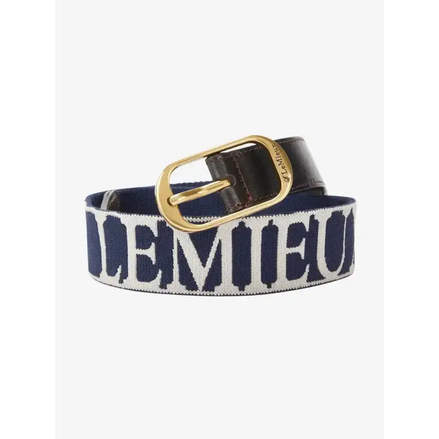 Navy blue and white woven lemieux eddie elasticated belt with gold tone buckle and premium lettering