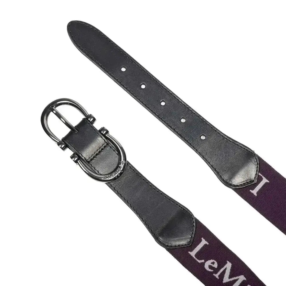 Black leather lemieux elasticated belt aubergine with silver buckle and purple strap featuring white lem embroidery