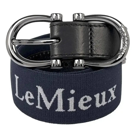 Navy blue lemieux elasticated belt with silver toned d ring buckle and white embroidered logo elasticated belt aubergine