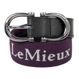 Purple woven lemieux elasticated belt aubergine with white embroidery silver buckle and black leather accent