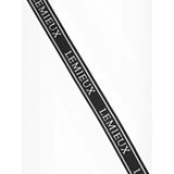 Black satin lemieux elasticated belt with white logo repeated on elasticated belt black material strip
