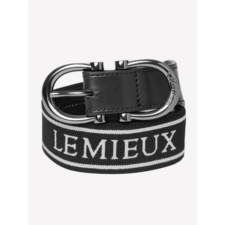 Black lemieux elasticated belt with white lettering and silver metal buckle perfect as a stylish elasticated belt black
