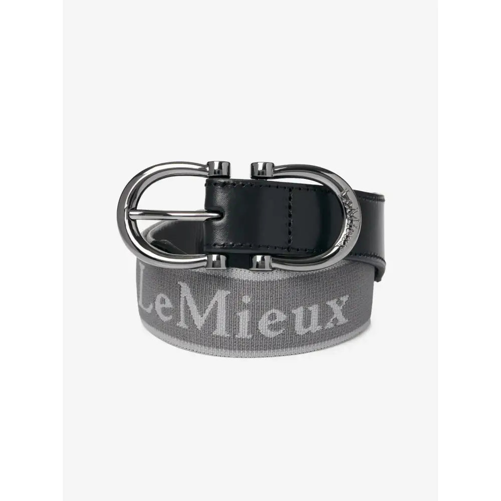 Gray woven lemieux elasticated belt dark grey with white embroidery black leather tab and silver buckle