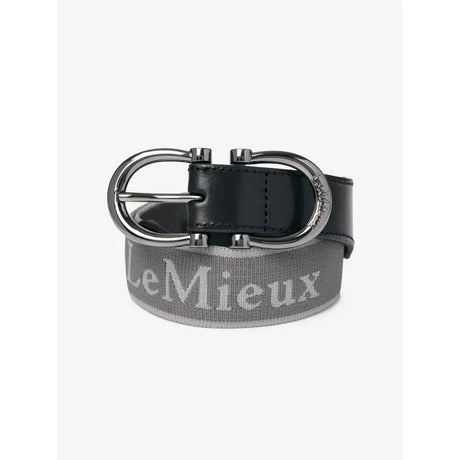 Gray woven lemieux elasticated belt dark grey with white embroidery black leather tab and silver buckle