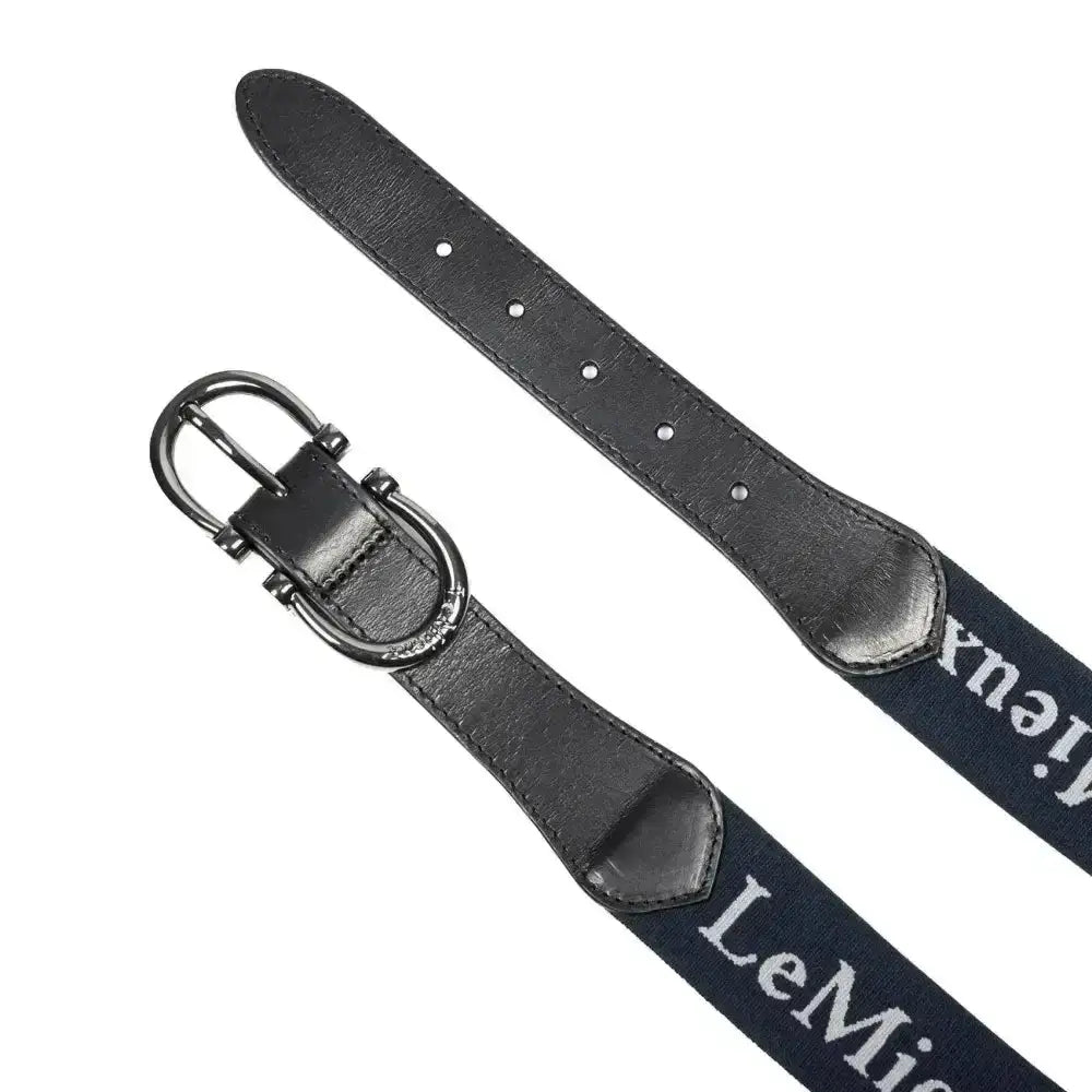 Black leather lemieux elasticated belt with navy blue strap featuring classy lemieux branding and premium leather ends