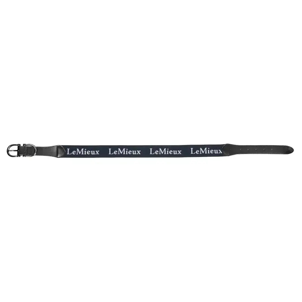 Black leather lemieux elasticated belt with silver buckle classy lemieux branding and premium leather ends in navy