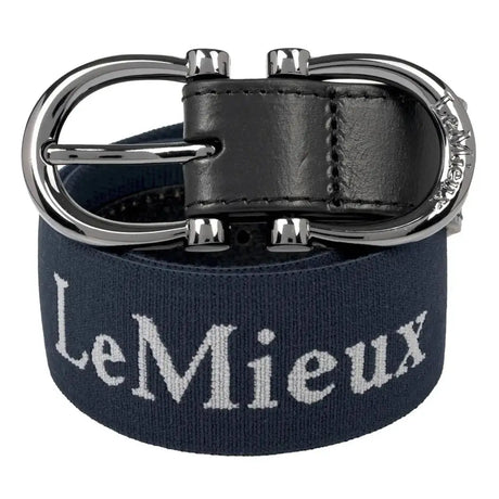 Navy woven lemieux elasticated belt with silver horsebit buckle classy lemieux branding and premium leather ends