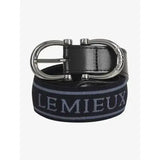 Black woven lemieux elasticated belt navy with silver lettering and sleek metallic buckle for a stylish fit