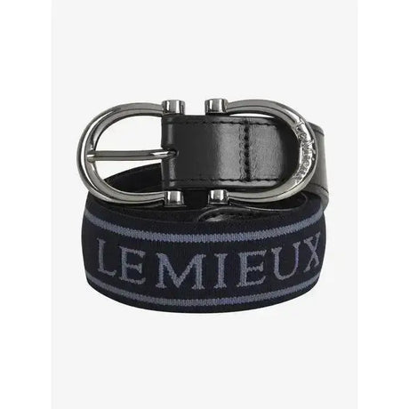 Black woven lemieux elasticated belt navy with silver lettering and sleek metallic buckle for a stylish fit