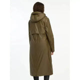 Olive green lemieux elements coat is a full-length waterproof wipe-clean coat with moisture-wicking fleece lining and a belted waist