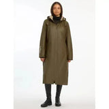 Olive green lemieux elements coat with moisture-wicking fleece lining and vertical seam detailing on sleeves