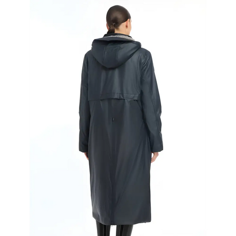 Long dark gray hooded raincoat back view of Lemieux Elements Coat Navy