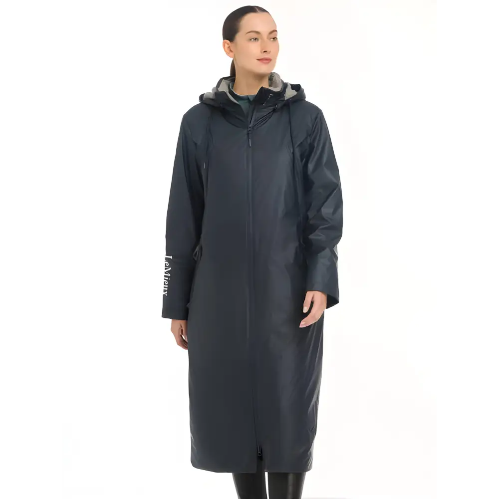 Long hooded raincoat in dark gray or navy blue, Lemieux Elements Coat Navy