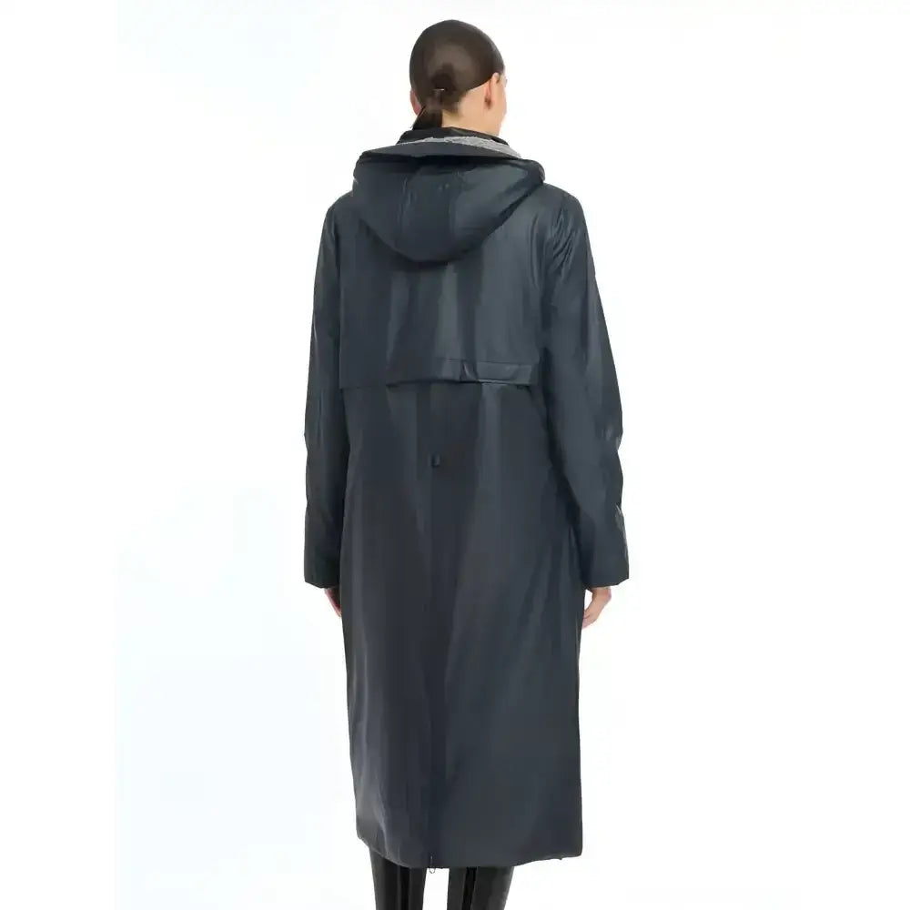 Dark navy lemieux elements coat featuring a full-length waterproof design with welded seams and a hood