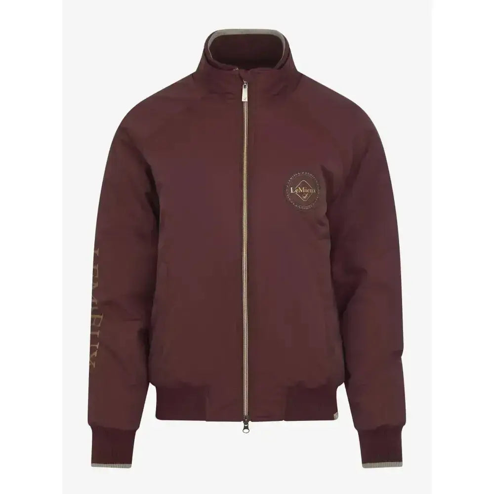 A maroon lemieux elite crew jacket with a subtle gold logo on the chest and matching vertical lettering on the sleeve