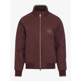 A maroon lemieux elite crew jacket with a subtle gold logo on the chest and matching vertical lettering on the sleeve