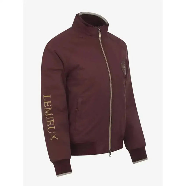 Maroon lemieux elite crew jacket with gold lettering on sleeve ribbed cuffs collar trim and logo patch
