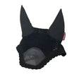 Black mesh lemieux elite fly hood with pointed ears scalloped edge and dark gray patch hand crochet veil style