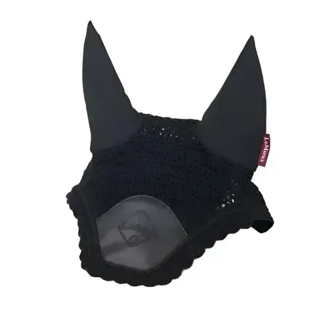 Black mesh lemieux elite fly hood with pointed ears scalloped edge and dark gray patch hand crochet veil style
