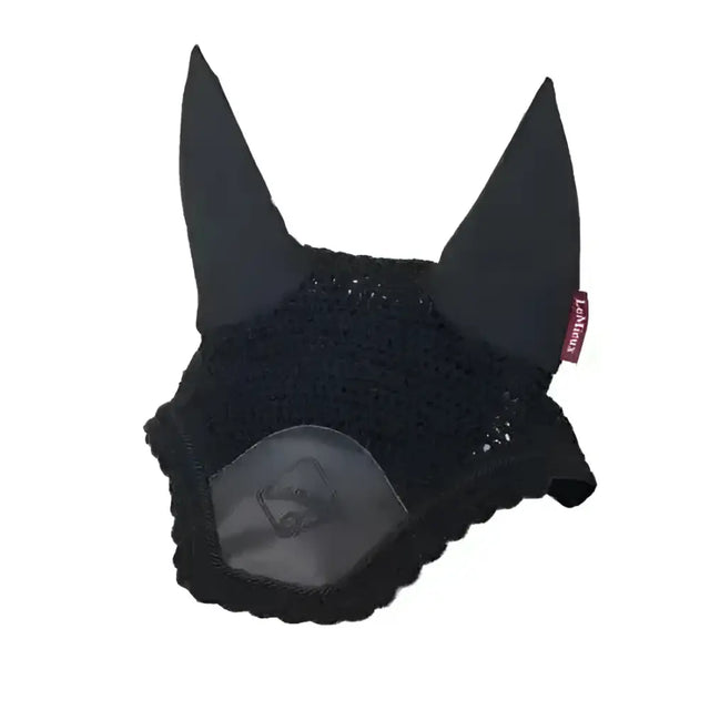 Black mesh lemieux elite fly hood with pointed ears scalloped edge and dark gray patch hand crochet veil style