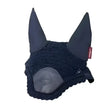 Black knitted lemieux elite fly hood with subtle texture hand crochet veil and embossed pu leather cheek patches navy