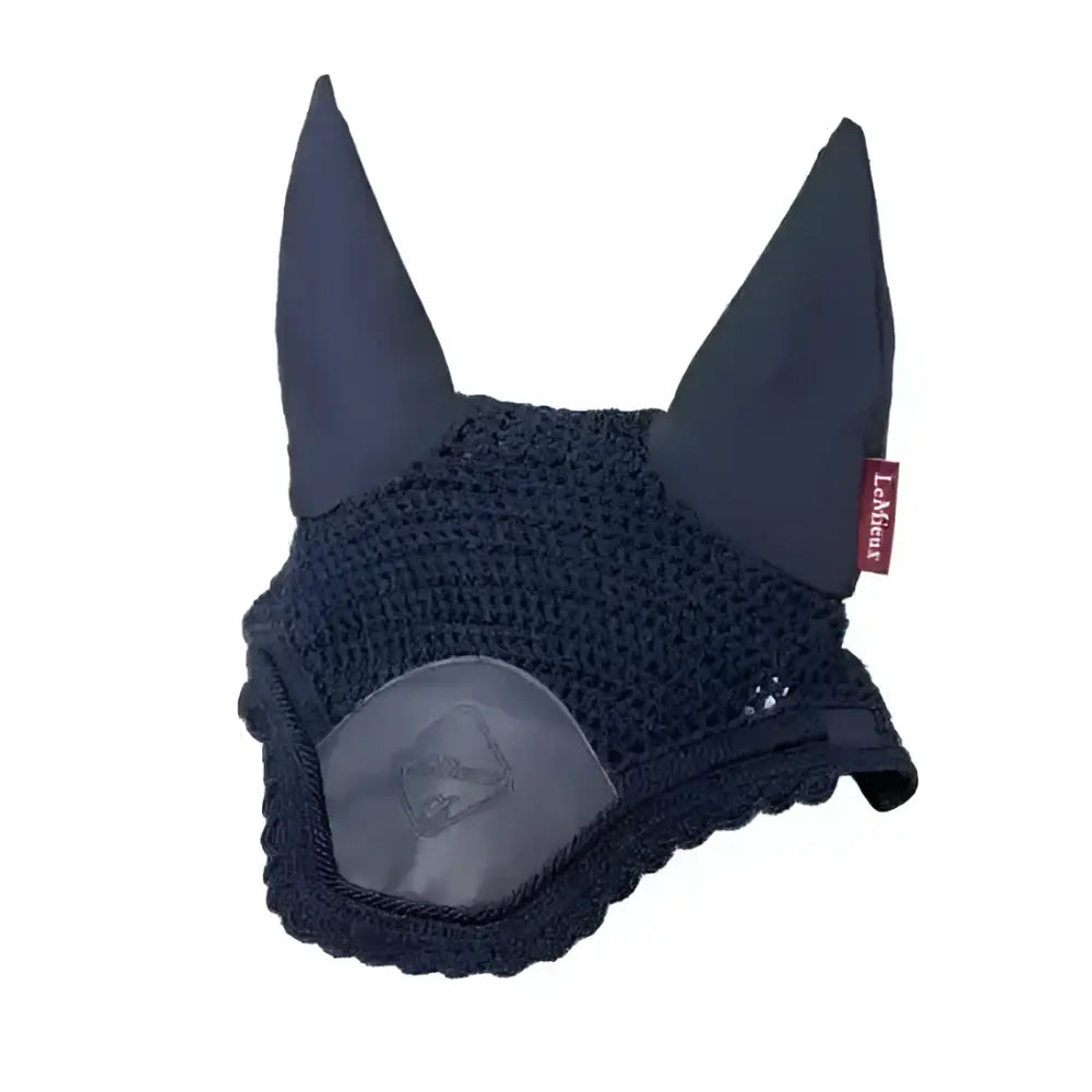 Black knitted lemieux elite fly hood with subtle texture hand crochet veil and embossed pu leather cheek patches navy