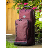 Maroon and black lemieux elite pro boot and hat bag burgundy with subtle repeating logo pattern to maximise space