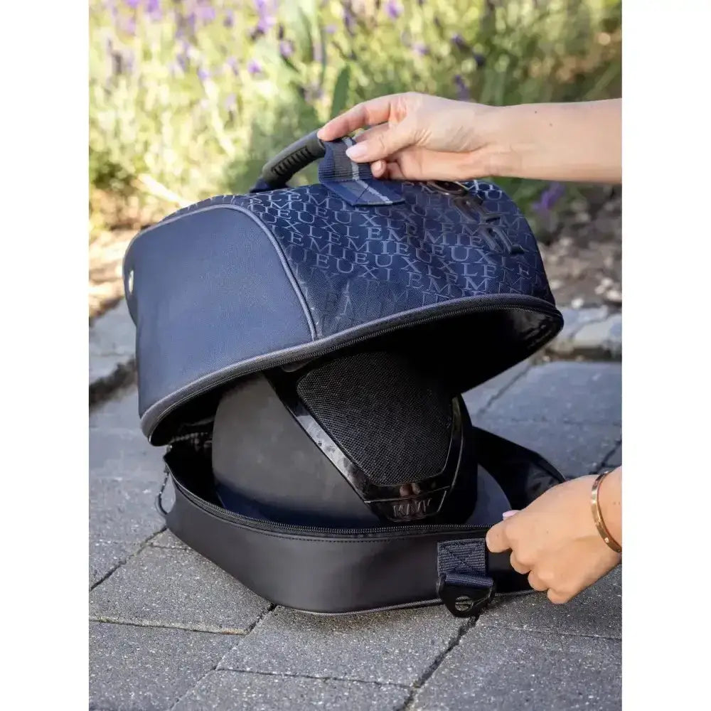 Black lemieux elite pro riding hat bag navy with subtle pattern and reinforced stitching for pro riding hats