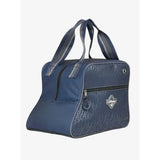 Navy blue lemieux elite pro short boot duffel bag with subtle repeating logo pattern and gray striped handles