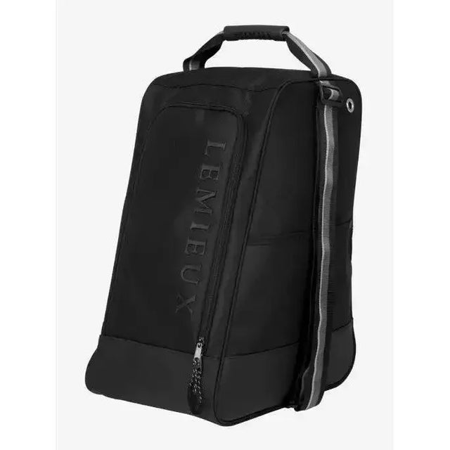 Black lemieux elite wellington boot bag with gray reflective stripes and top handle for easy carrying