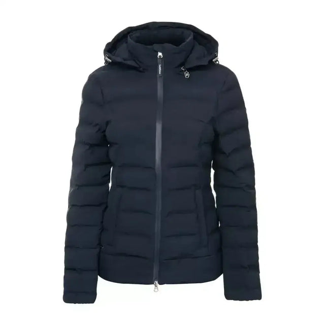 Black quilted lemieux elize waterproof puffer jacket with hood and front zipper perfect for marine use