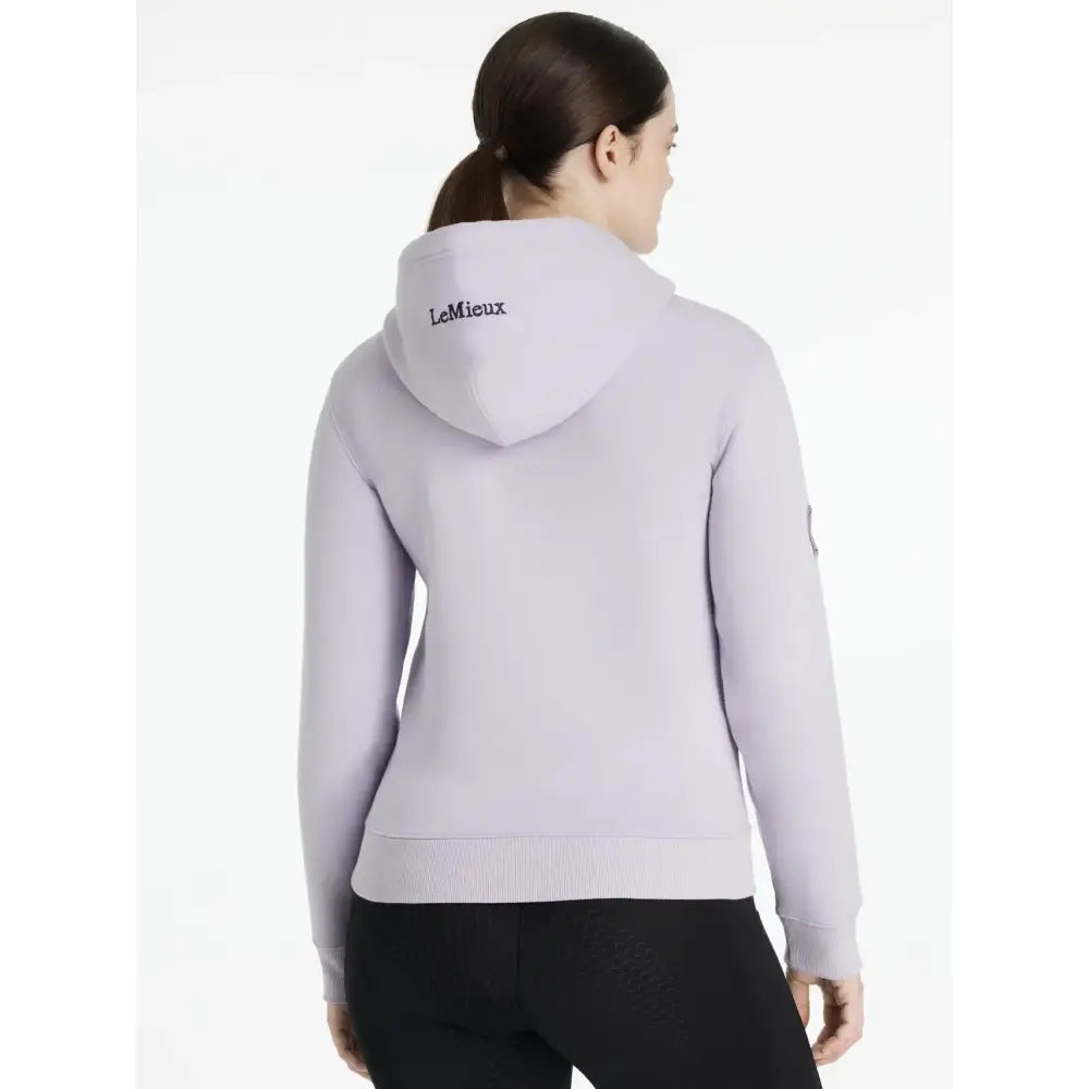Back view of a light lavender lemieux elspeth hoodie with lemieux embroidered on the hood in soft fabric
