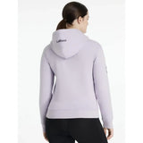 Back view of a light lavender lemieux elspeth hoodie with lemieux embroidered on the hood in soft fabric