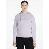 Lavender-colored lemieux elspeth hoodie lilac with subtle embroidered logo on chest and small patch on left sleeve