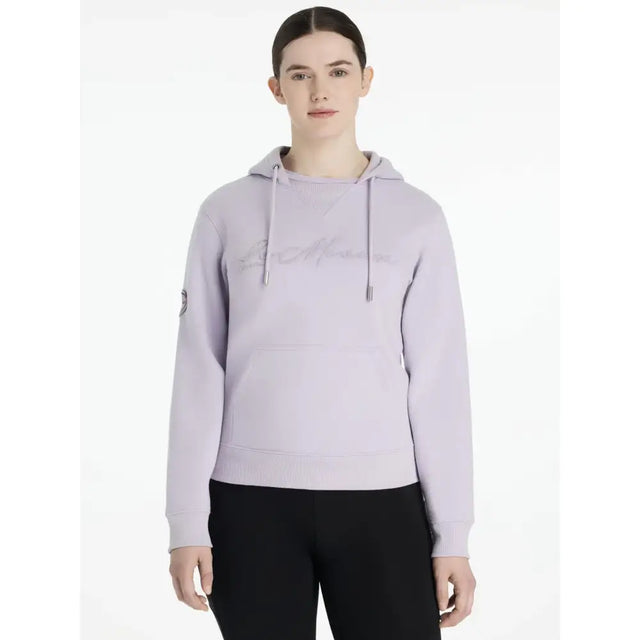 Lavender-colored lemieux elspeth hoodie lilac with subtle embroidered logo on chest and small patch on left sleeve
