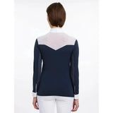 Back view of lemieux emily long sleeve navy shirt with sheer paneling on the blouse perfect for shows